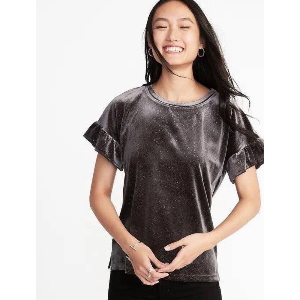 NWT Old Navy Ruffle Velvet‎ Glitter Top Charcoal Gray Galaxy Print Women's L